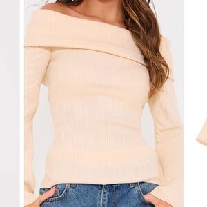 SOFT RIB KNIT BARDOT FOLDOVER LONG SLEEVE TOP